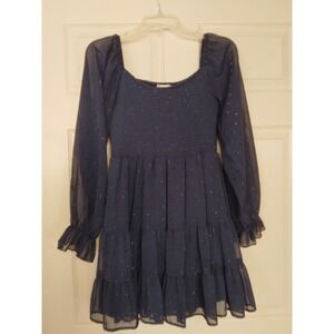 Altar'd State dress Dk Sparkled Blue ruffled hem Elastasized bodice sheer sleeve